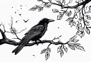 a black raven hanging on a tree branch tattoo idea