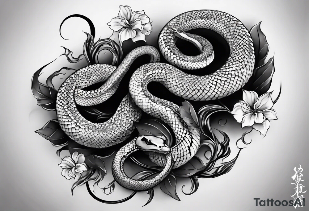 Two headed snake tattoo for placement along the spine in japanese style where the head is positioned at the bottom end of my spine to symbolise a journey of healing and transformation with reference to being a Gemini and twin tattoo idea