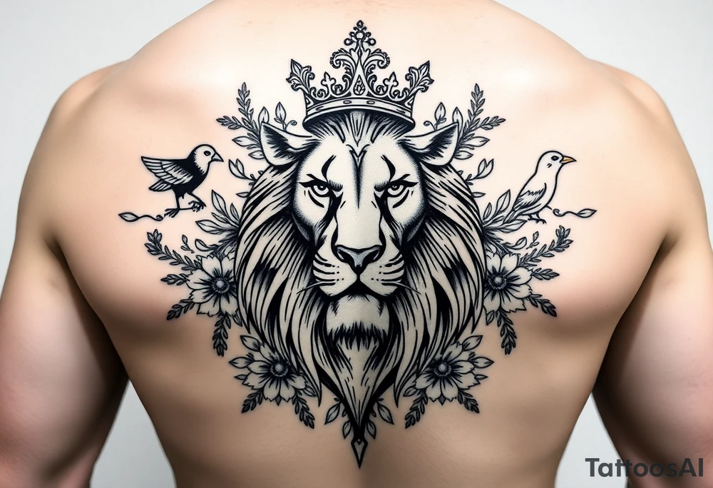 powerful majestic lion with a crown, surrounded by floral ornaments and birds tattoo idea