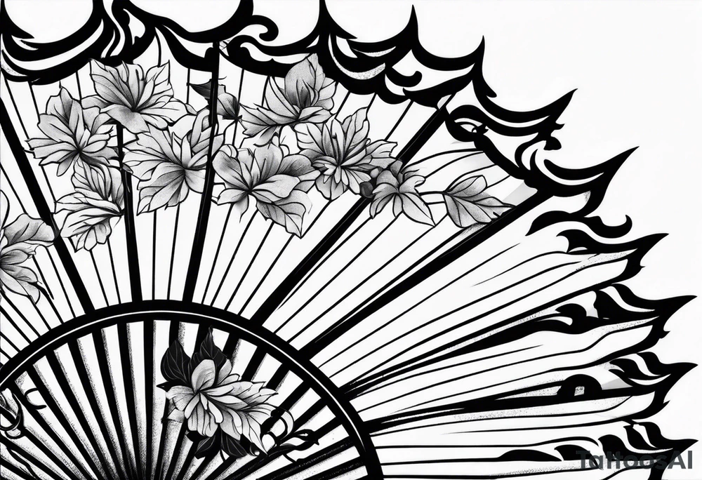 Japanese fan mostly black with basic leaves around it tattoo idea