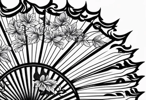 Japanese fan mostly black with basic leaves around it tattoo idea