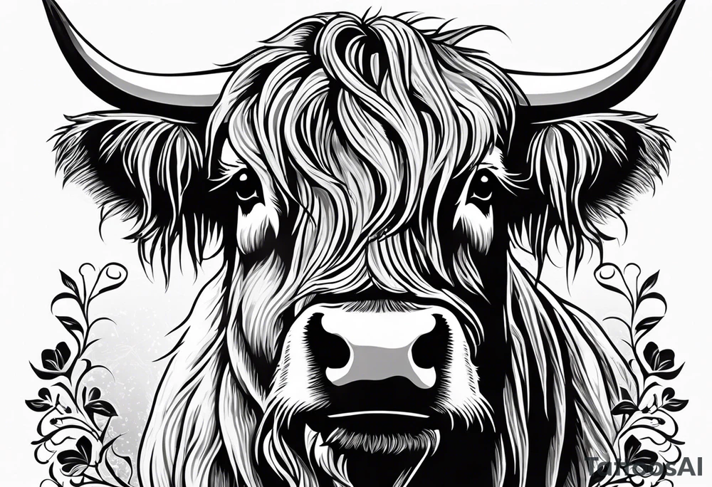 A highland cow that has a bandana with a shamrock around its neck is riding Nessie tattoo idea