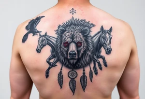 Native American 3/4 sleeve with black and grey realism featuring a raven, wild horses, a grizzly with scars over his eyes, and a dream catcher tattoo idea