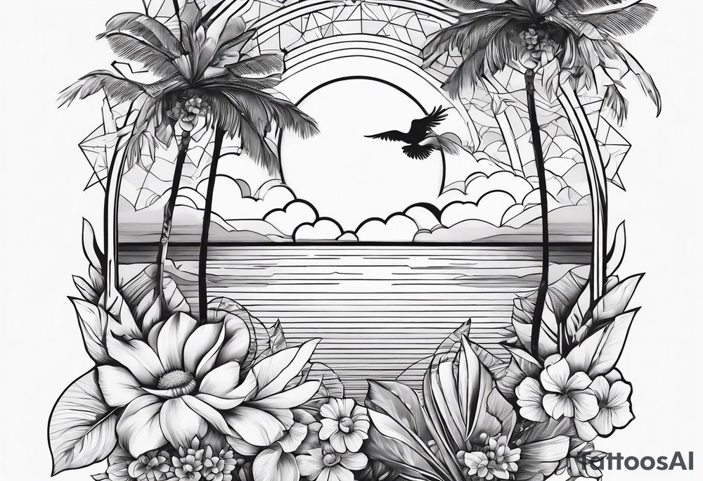 arm sleeve, clouds, dove, sun, flowers, palm trees, tattoo idea