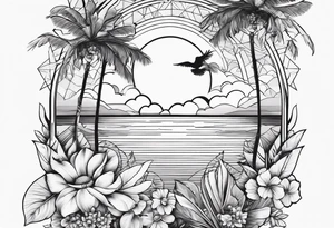 arm sleeve, clouds, dove, sun, flowers, palm trees, tattoo idea