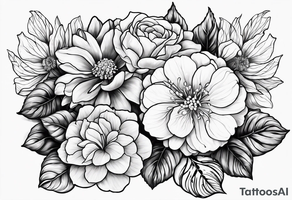Begonia flower, hydrangeas, marigolds, gerber daisies, rose, lily tattoo idea