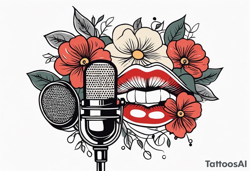 lips singing old school vintage traditional
flowers around and mouth next to microphone tattoo idea