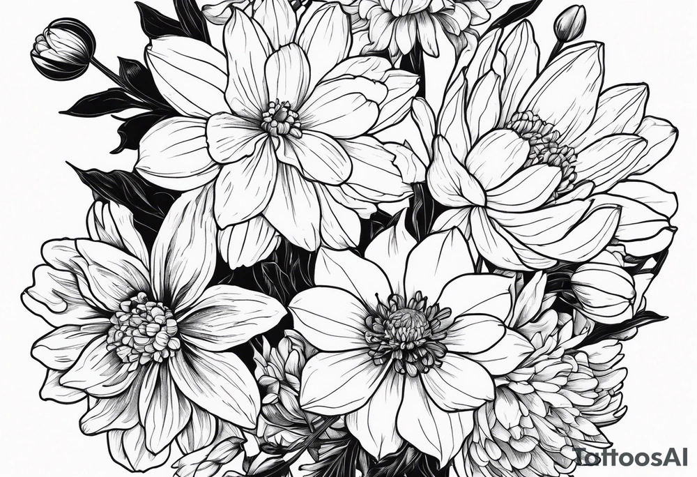 Narcissus, CHRYSANTHEMUM, COSMOS, SNOW DROP flowers in a bouquet tattoo idea