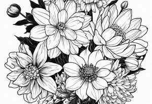 Narcissus, CHRYSANTHEMUM, COSMOS, SNOW DROP flowers in a bouquet tattoo idea