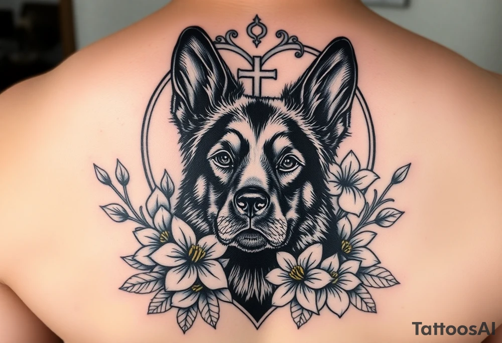 german shepherd floral lilies colourful in front of a sacred heart tattoo idea