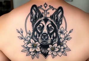 german shepherd floral lilies colourful in front of a sacred heart tattoo idea
