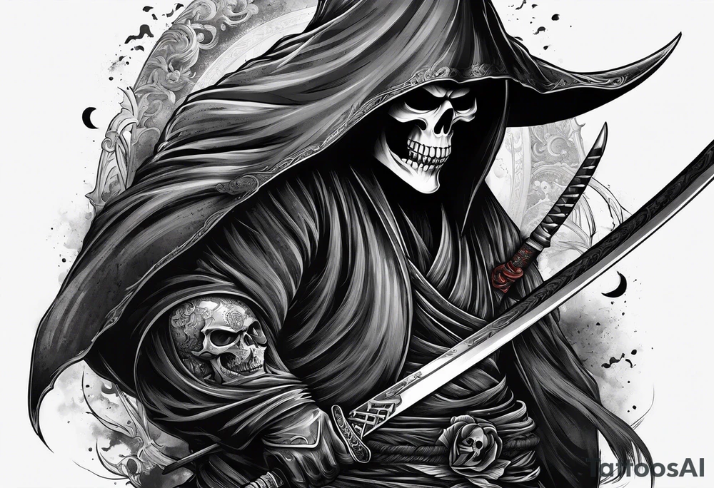 katana with grim reaper and skull tattoo idea