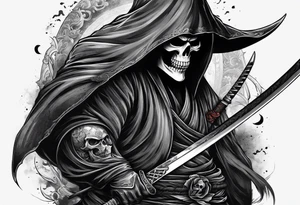 katana with grim reaper and skull tattoo idea