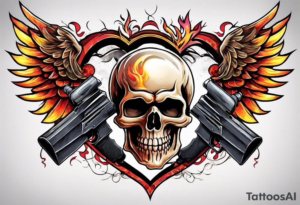 skull with a gun dominated by a  heart with wings and  flames coming out of the top of it tattoo idea