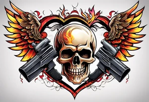 skull with a gun dominated by a  heart with wings and  flames coming out of the top of it tattoo idea
