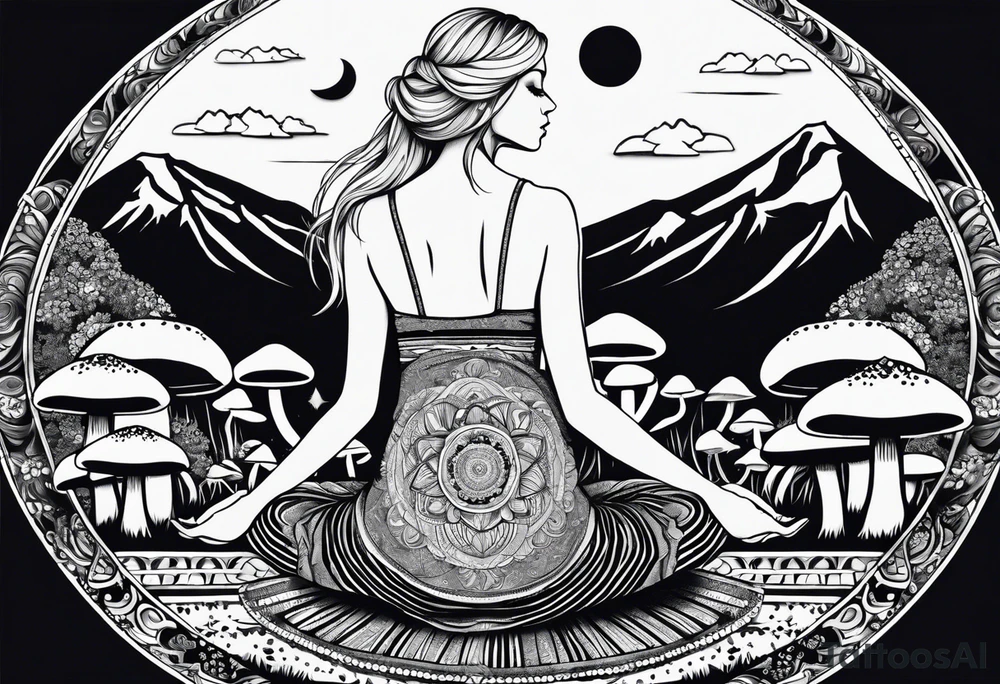 Straight blonde hair girl meditating facing away toward mountains surrounded by mushrooms crescent moon mandala circular design black and white striped dress tattoo idea