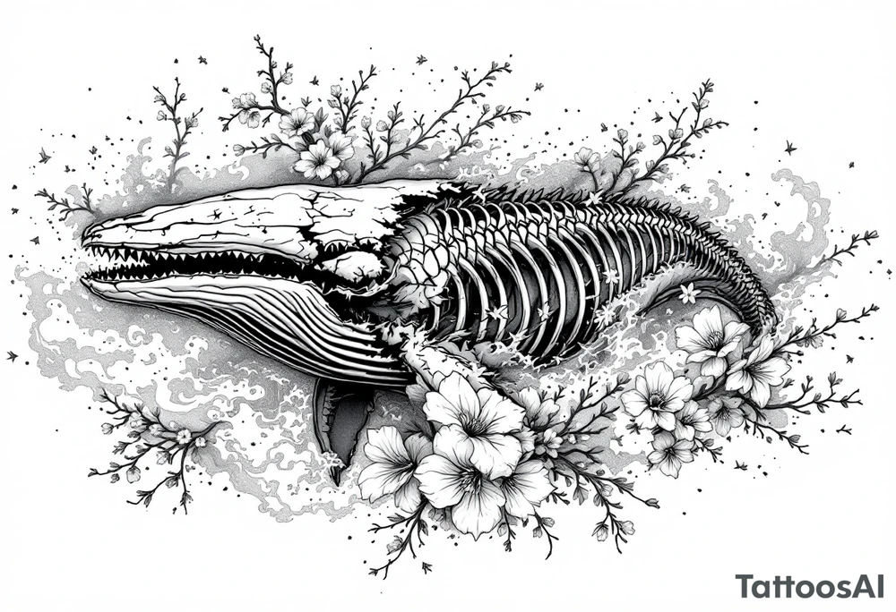 idea is basically a whale that's damaged and torn exposing the skeletal innerts, but it's still fiercely moving forward as hard as it can, swimming in waves and a bed of flower. contrasts, focus cherry blossoms, waves and fire tattoo idea