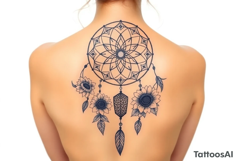 Dreamcatcher with zodiac symbols and protection runes caught in it with tigerlillies roses and sunflowers tattoo idea
