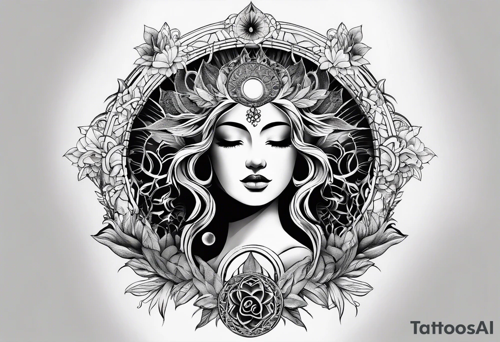 spiritual feminine tattoo for sleeve without faces, just sun and moon, tree of life and powerful symbols tattoo idea