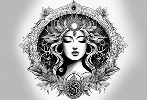 spiritual feminine tattoo for sleeve without faces, just sun and moon, tree of life and powerful symbols tattoo idea