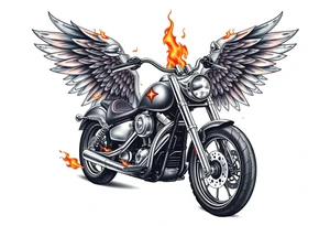 Harley grey motorcycle driving away, flames, angel wings tattoo idea