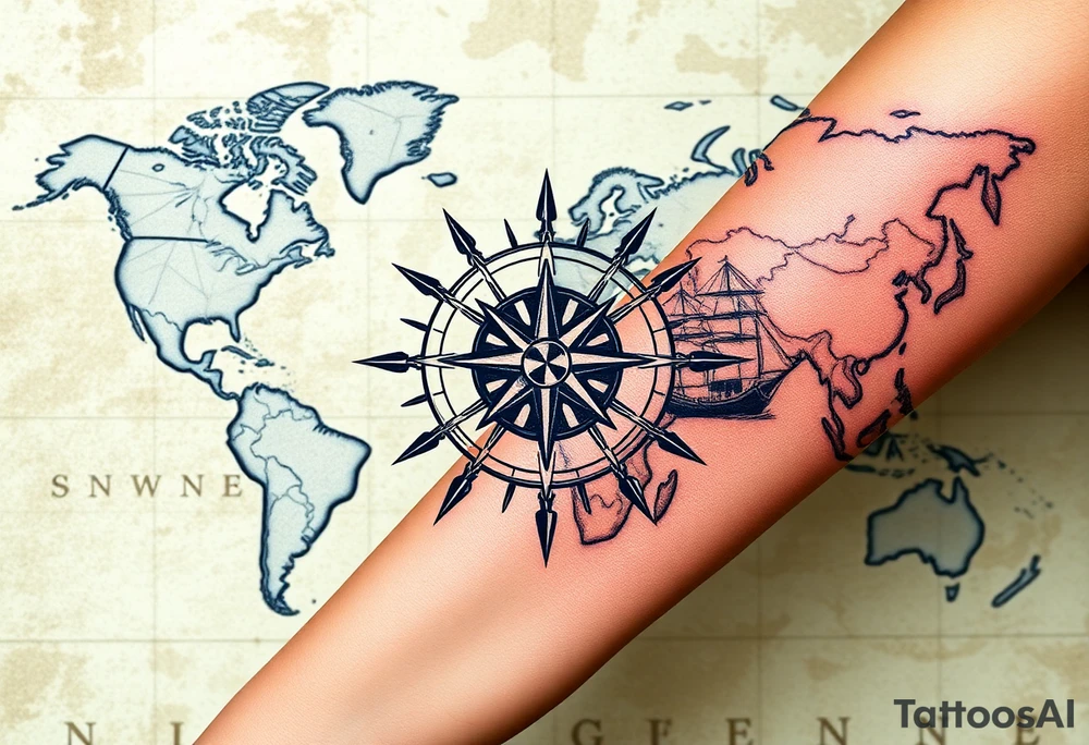 antique compass rose overlaid on weathered world map with sailing ships tattoo idea