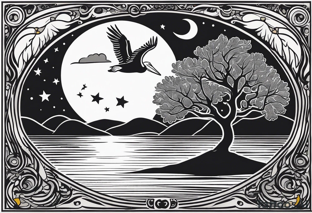 A simple willow tree with a flying pelican. A sun a moon and a star tattoo idea