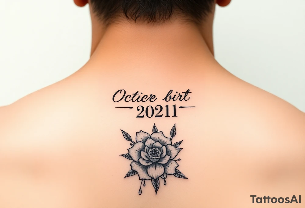 Collar bone placement with October 27, 2021 Roman numeral and October birth flower tattoo idea