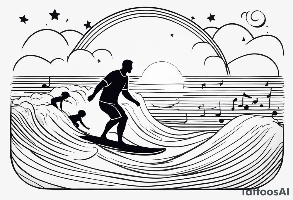 Black and white Line work tattoo depicting a father surfing with his daughters, incorporating musical notes. tattoo idea