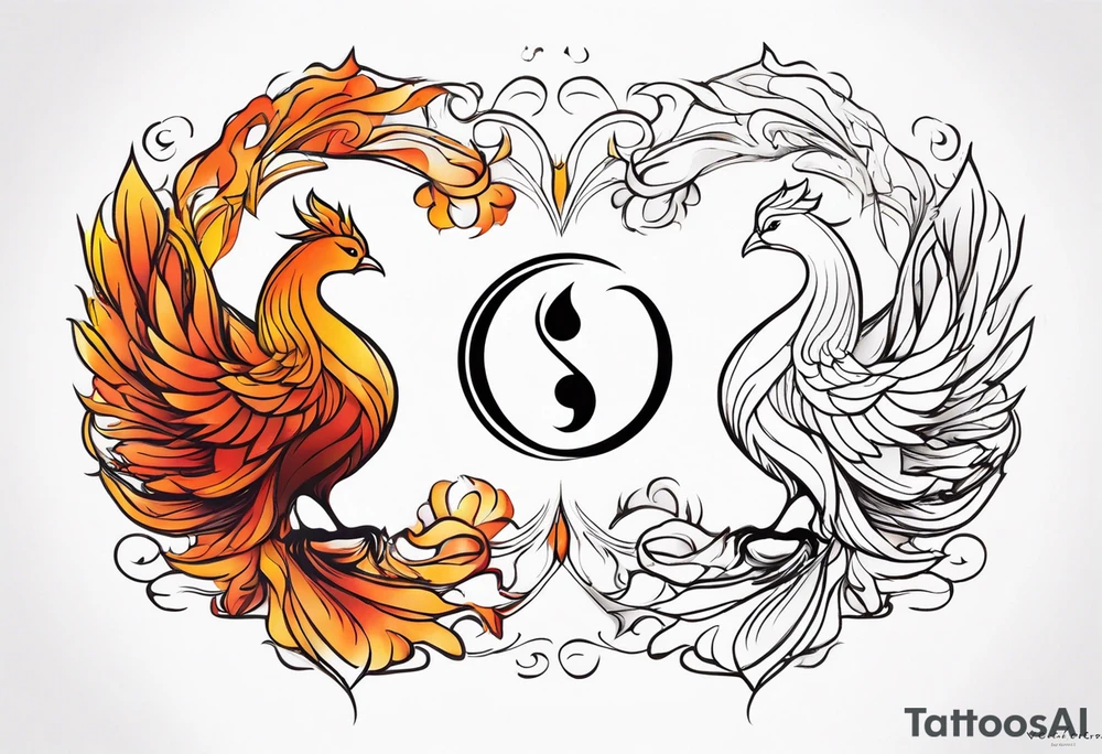 Phoenix avec symbole yin yang et fleur de lotus +lettres A et V tattoo idea