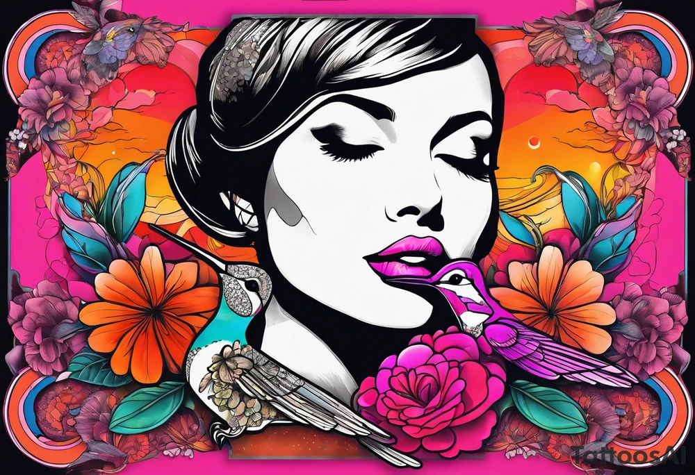 hummingbird, lady face, flowers, bold color, collage, pink, orange, red, hot air balloon tattoo idea