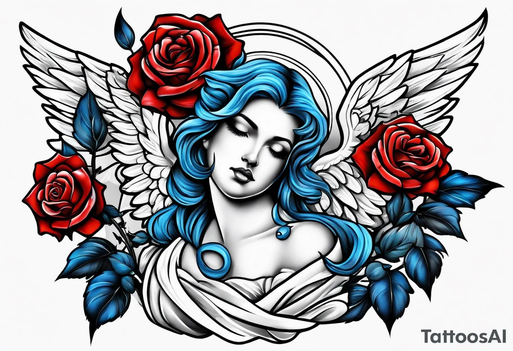 Angel Colored blue and red roses tattoo idea