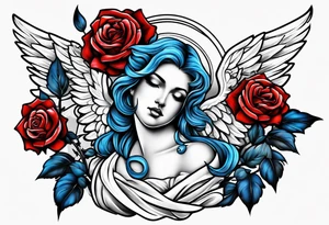 Angel Colored blue and red roses tattoo idea