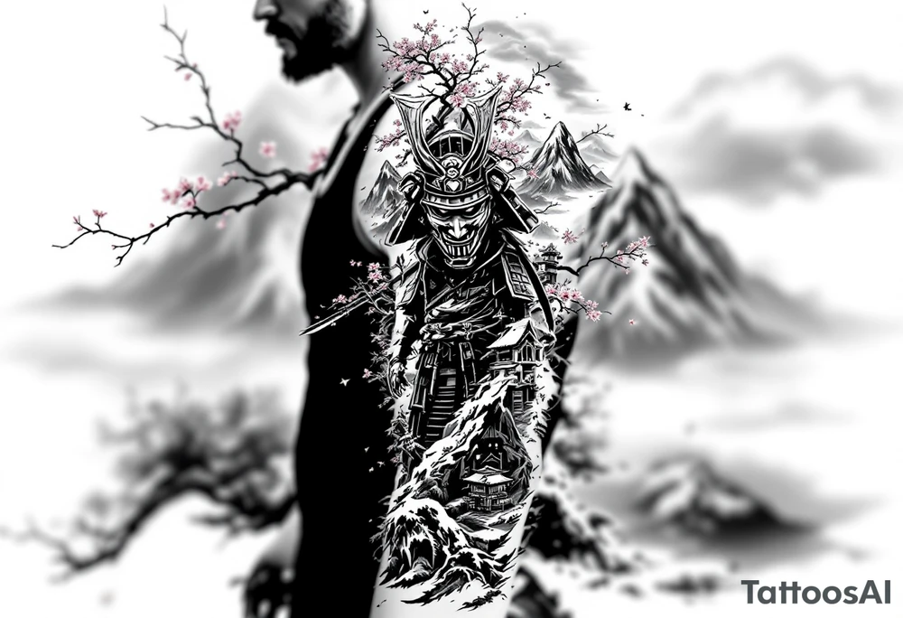 arm sleeve tattoo stencil of a samurai standing at the bottom of a mountain with cherry blossoms in the background, and japanese structures, also include an oni mask tattoo idea