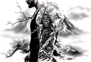 arm sleeve tattoo stencil of a samurai standing at the bottom of a mountain with cherry blossoms in the background, and japanese structures, also include an oni mask tattoo idea