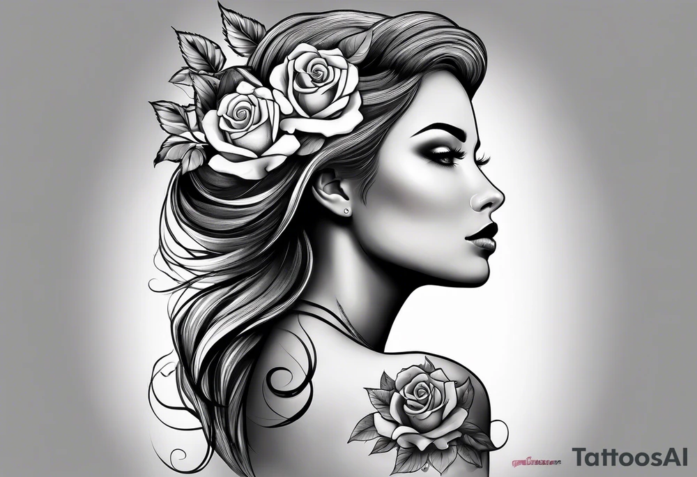 Realistic Mother Nature face side profile with roses in her hair and nature around her black and white tattoo idea