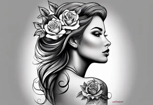 Realistic Mother Nature face side profile with roses in her hair and nature around her black and white tattoo idea
