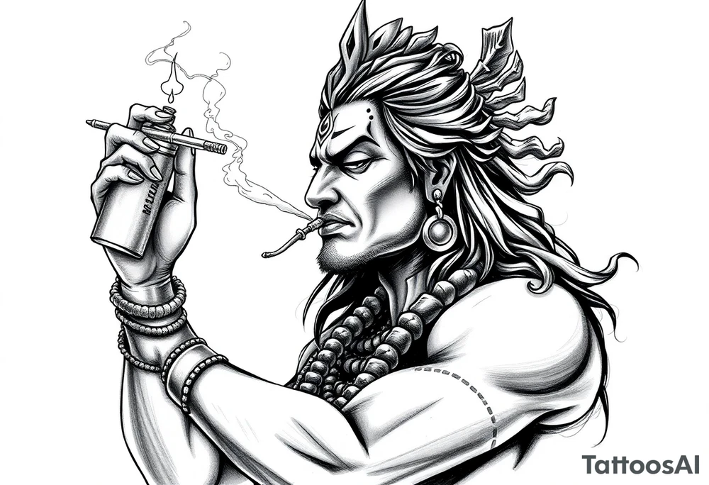 Shiva smoking a joint with one hand and holding spray paint with another hand tattoo idea