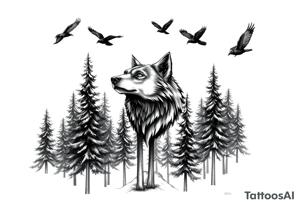 Densely wooded area with tall pine trees with a large wolf head hovering in the foreground, four ravens flying overhead, tattoo idea