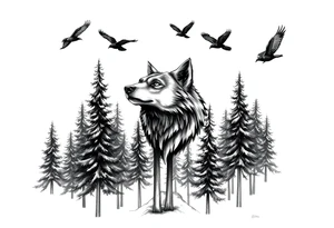 Densely wooded area with tall pine trees with a large wolf head hovering in the foreground, four ravens flying overhead, tattoo idea