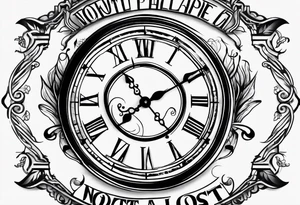 Clock tattoo saying Not All Those Who Wander Are Lost, describing past life events tattoo idea