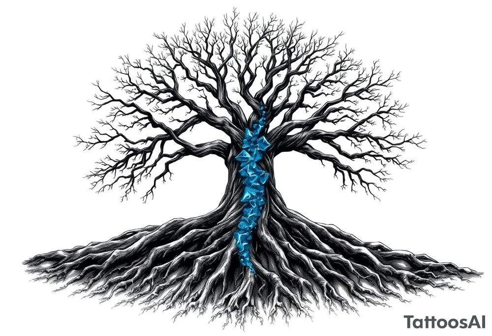 Black and white Tree with roots. Blue water inside the whole tree like veins tattoo idea