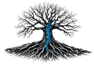 Black and white Tree with roots. Blue water inside the whole tree like veins tattoo idea