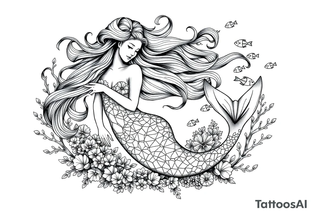 ethereal mermaid with flowing hair among coral reef and small fish tattoo idea