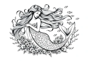 ethereal mermaid with flowing hair among coral reef and small fish tattoo idea