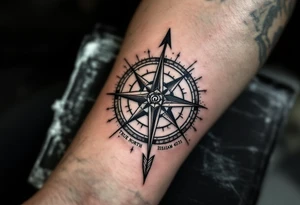 Rustic half compass with a long native American arrow pointing at my wrist with the words “True North” and says "Isaiah 40:31" tattoo idea