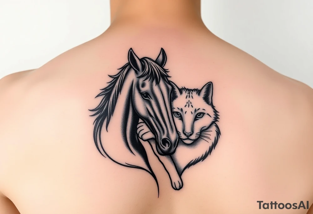 Horse and cat bond smaller for behind arm above elbow tattoo idea
