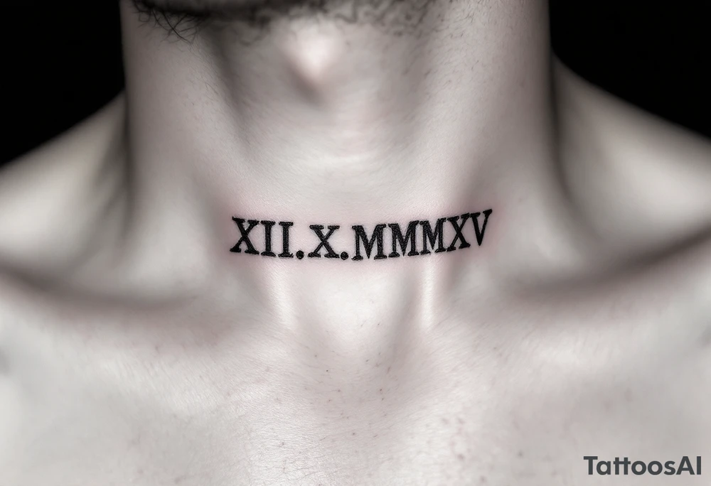 Bold black Roman numerals XII.X.MMXV etched along the collarbone, representing a wedding date in sharp serif font. tattoo idea