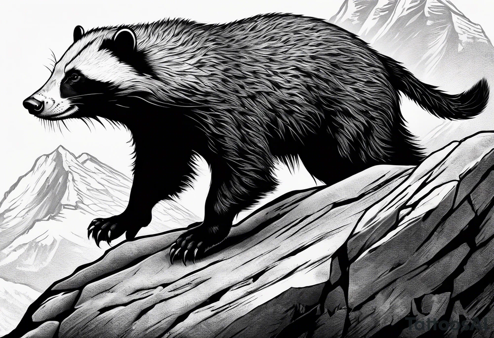 honey badger climbing over steep rock, claws near head, gentle face, legs hanging on trying to get over tattoo idea