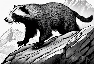 honey badger climbing over steep rock, claws near head, gentle face, legs hanging on trying to get over tattoo idea